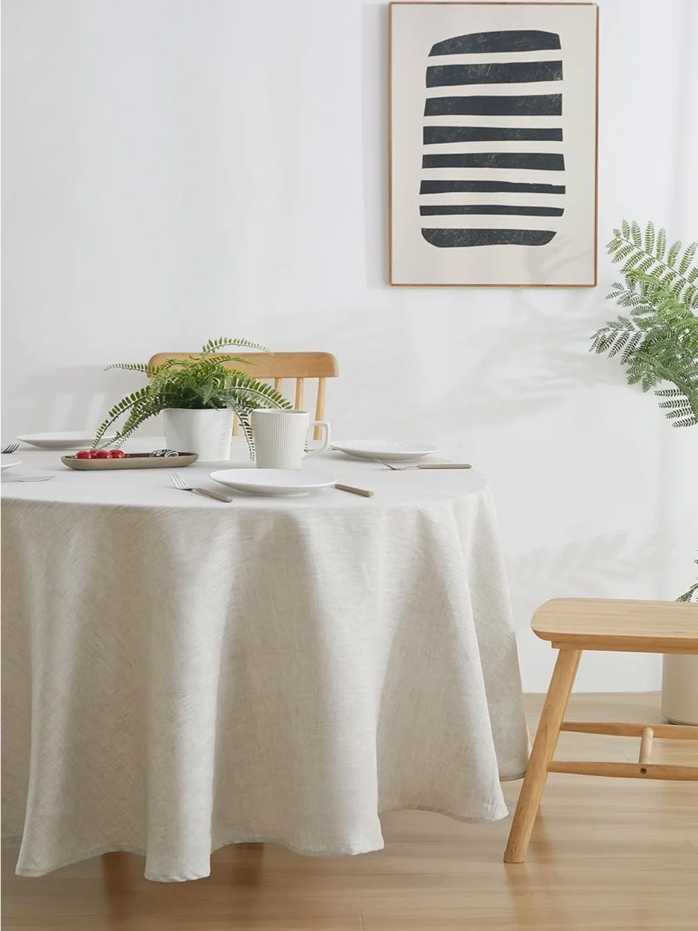 NEW 100% French Flax Linen Round Tablecloth 80”, Natural Linen